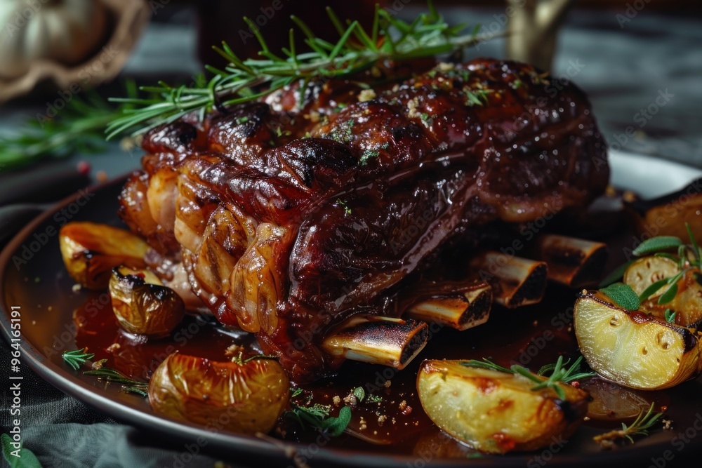 Delicious glazed roast beef short ribs with roasted potatoes and rosemary served on a platter Delicious glazed roast beef short ribs with roasted potatoes and rosemary served on a platter