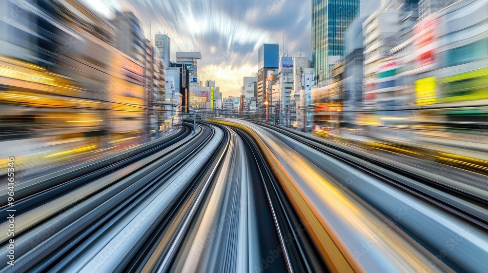Speeding train passing through urban landscape