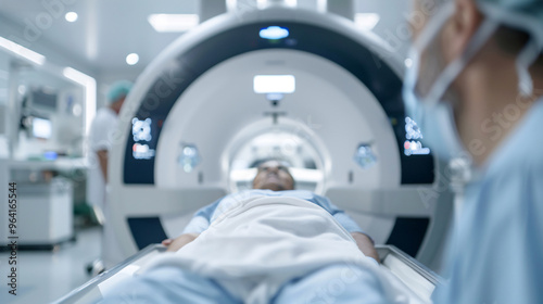 Patient undergoing an MRI scan in a hospital, representing modern medical diagnostics and advanced imaging technology for patient care.