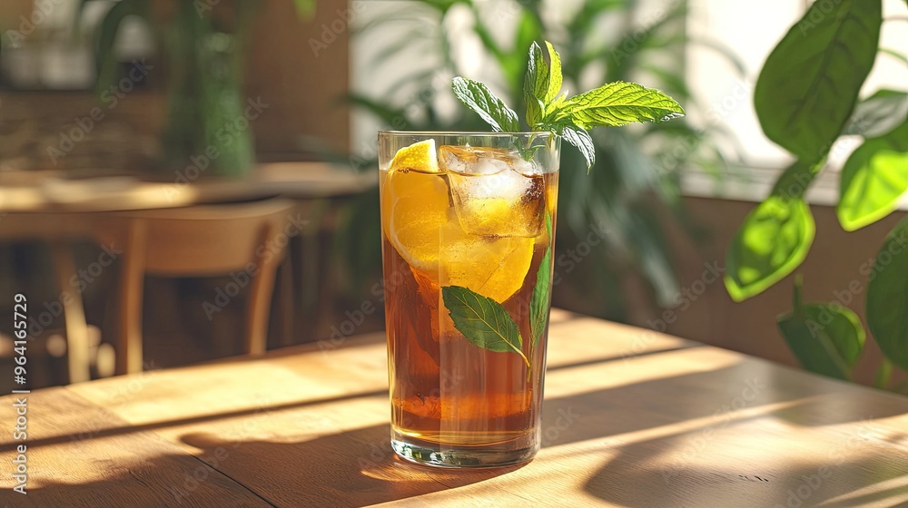 A tall glass of iced tea with lemon and mint, placed on a wooden table, with sunlight streaming through, evoking a sense of summer freshness. A tall glass of iced tea with lemon and mint, placed on a wooden table, with sunlight streaming through, evoking a sense of summer freshness.
