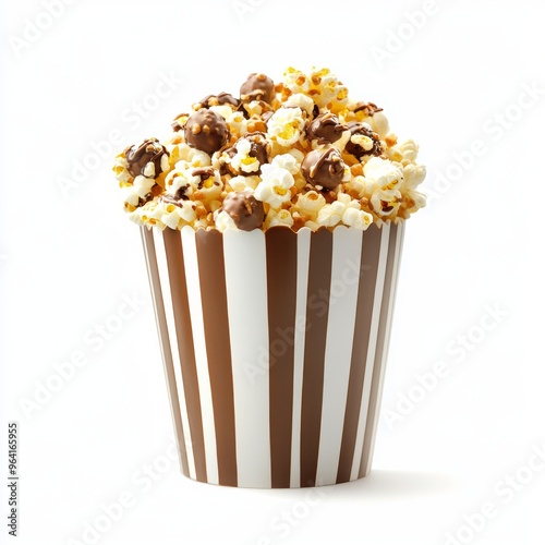 Photorealistic image of a chocolatecovered popcorn box, adorned with small edible moviethemed icons, placed against a clean white background  photo