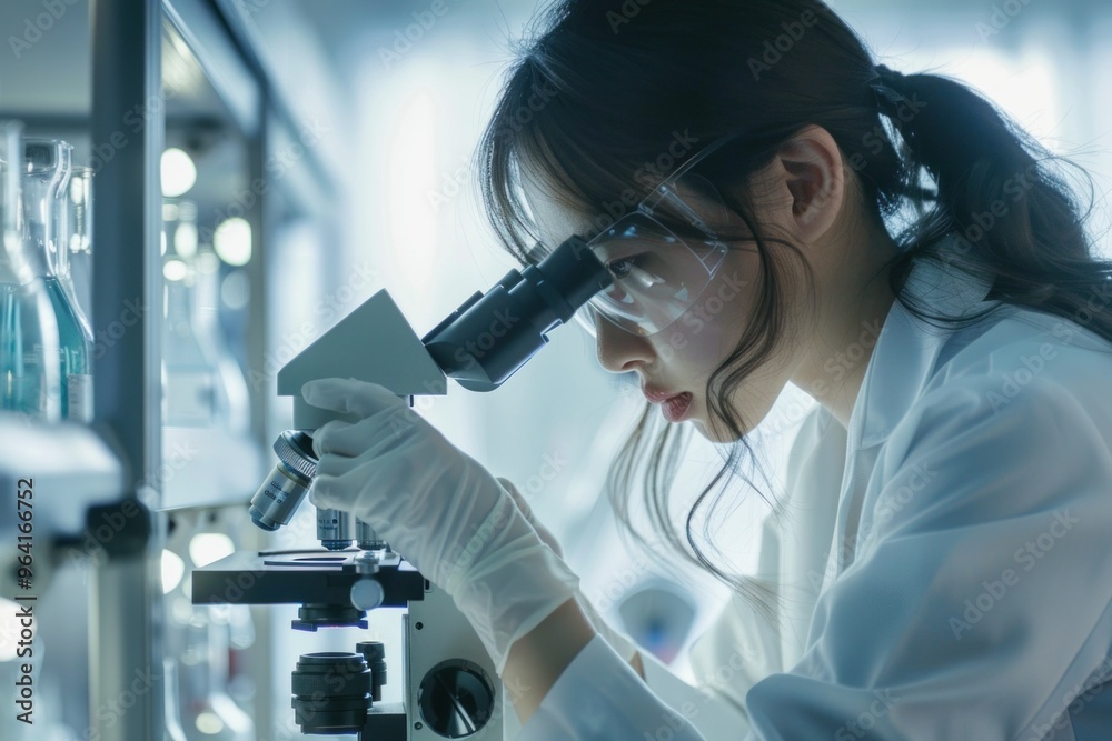 Female scientist using a microscope to study samples in a modern research laboratory, showcasing professionalism and scientific inquiry in a high-tech setting Female scientist using a microscope to study samples in a modern research laboratory, showcasing professionalism and scientific inquiry in a high-tech setting