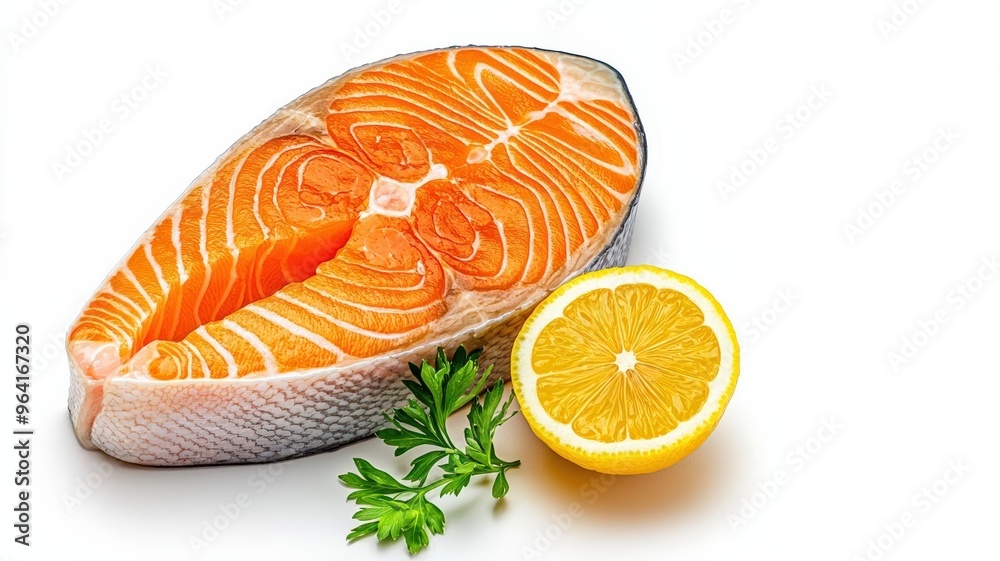 Fresh salmon steak with a lemon wedge and herbs, omega-3 rich food, brain health focus Fresh salmon steak with a lemon wedge and herbs, omega-3 rich food, brain health focus