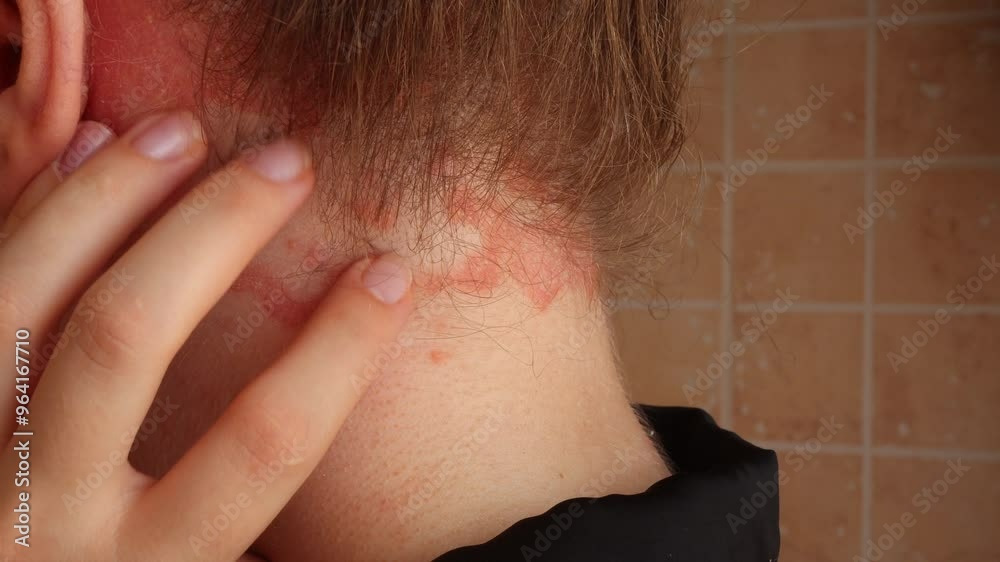 Psoriasis. Psoriasis plaques on a girl’s head. Itching and. rash on the ...