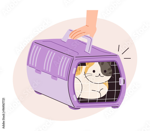 This is an illustration of a cat in a carrier. Concept of outdoor movement of domestic cats.
