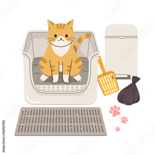 A collection of illustrations of cat toilet supplies. A cat is relieving itself in a sandbox.