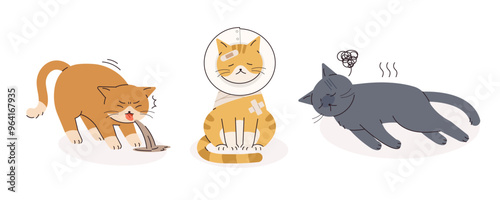 Collection of sick cat illustrations. A vomiting cat, a cat that underwent surgery, a helpless cat.