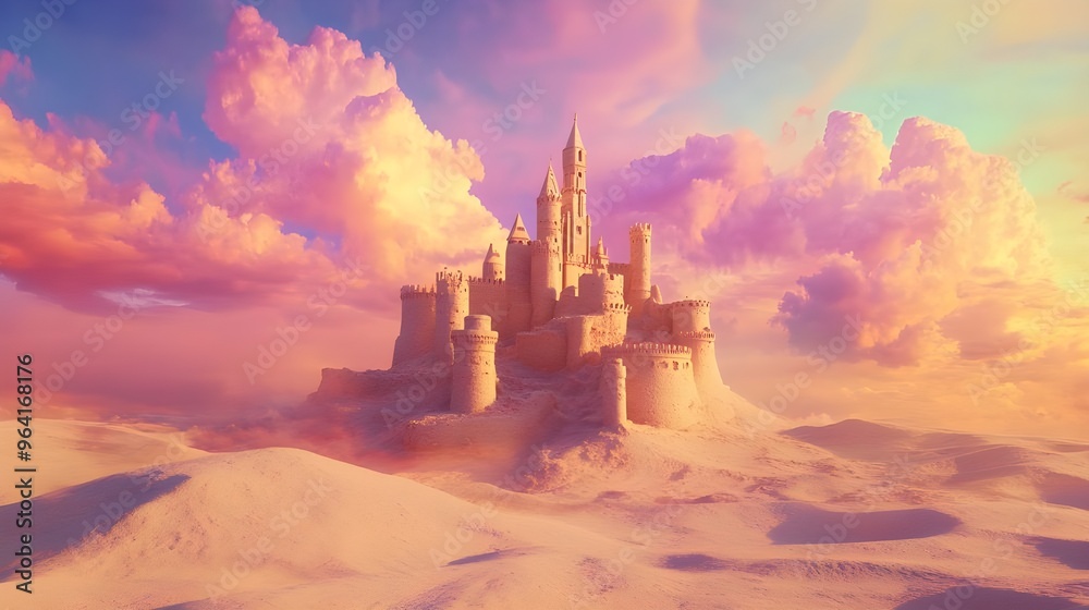 Naklejka premium Desert landscape with a creative artistic sandcastle, striking visual image