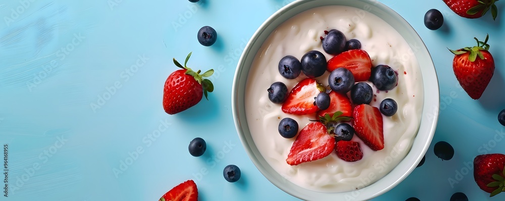 Bowl of Yogurt with Strawberries and Blueberries on a Blue Background Bowl of Yogurt with Strawberries and Blueberries on a Blue Background