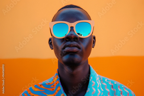 Gafas de sol retro de moda con estilo, fotorrealistas, gran angular, cuerpo completo, naranja y azul, para hombre africano