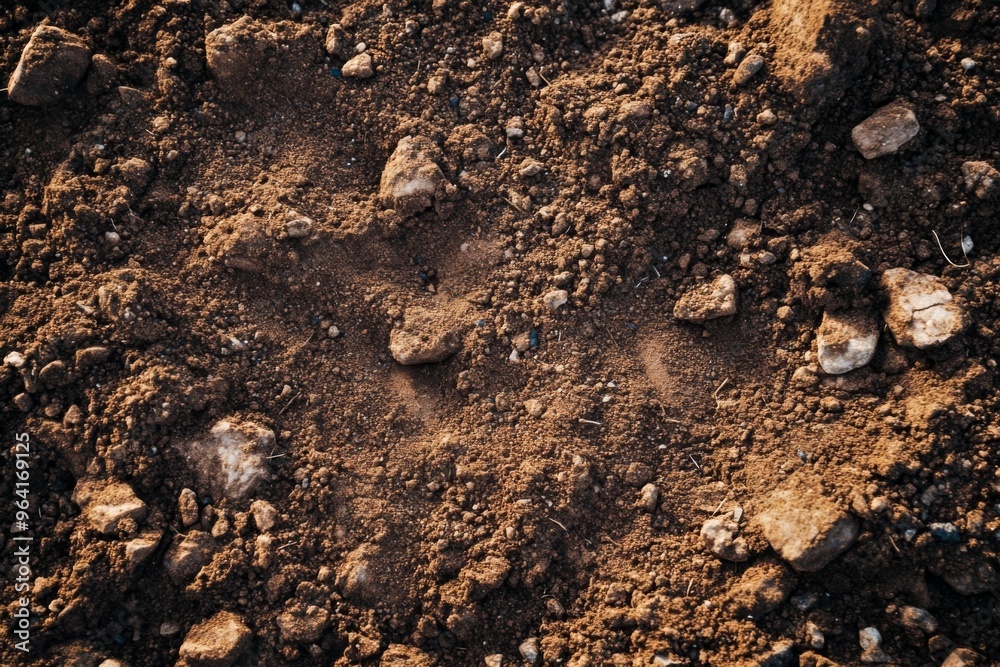 Closeup view of rugged soil surface that is scattered with various rocks and natural debris elements Closeup view of rugged soil surface that is scattered with various rocks and natural debris elements