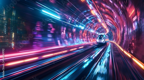 A futuristic train speeding through a neon-lit tunnel, surrounded by abstract graffiti