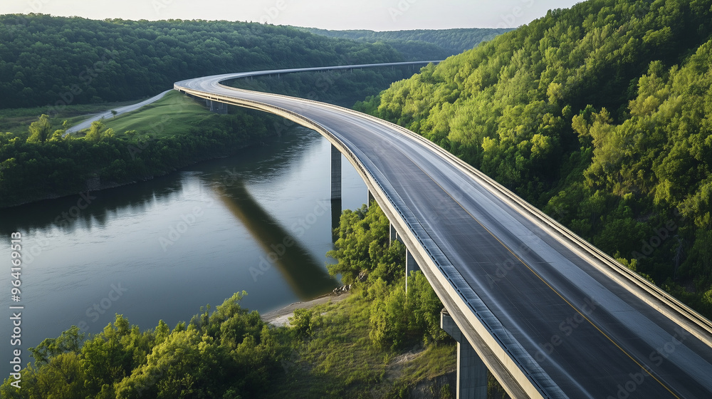 Fototapeta premium A bridge stretching over a river amidst dense green forests, gracefully curving to the left, creating a picturesque landscape