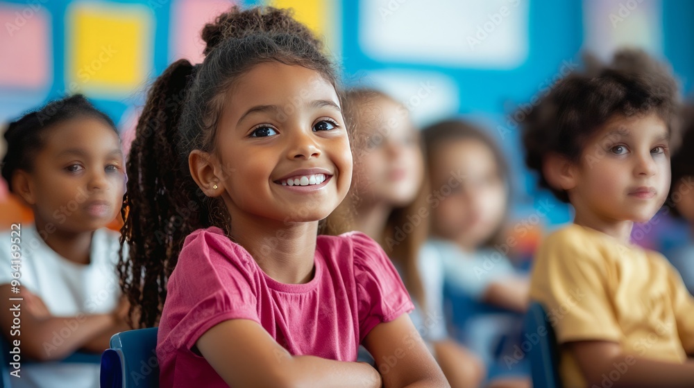 Happy little girl sitting in a classroom, smiling and looking at the teacher. Happy little girl sitting in a classroom, smiling and looking at the teacher.