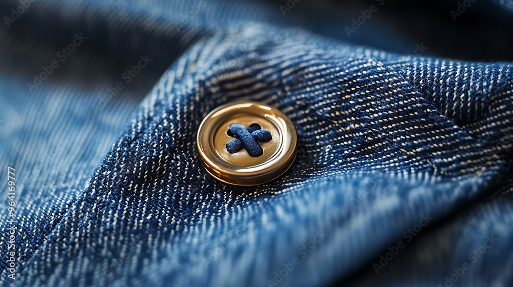 A close-up shot of a gold button on a blue denim fabric. A close-up shot of a gold button on a blue denim fabric.
