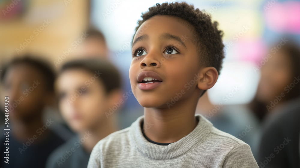 A young boy is sitting at a desk in a classroom A young boy is sitting at a desk in a classroom