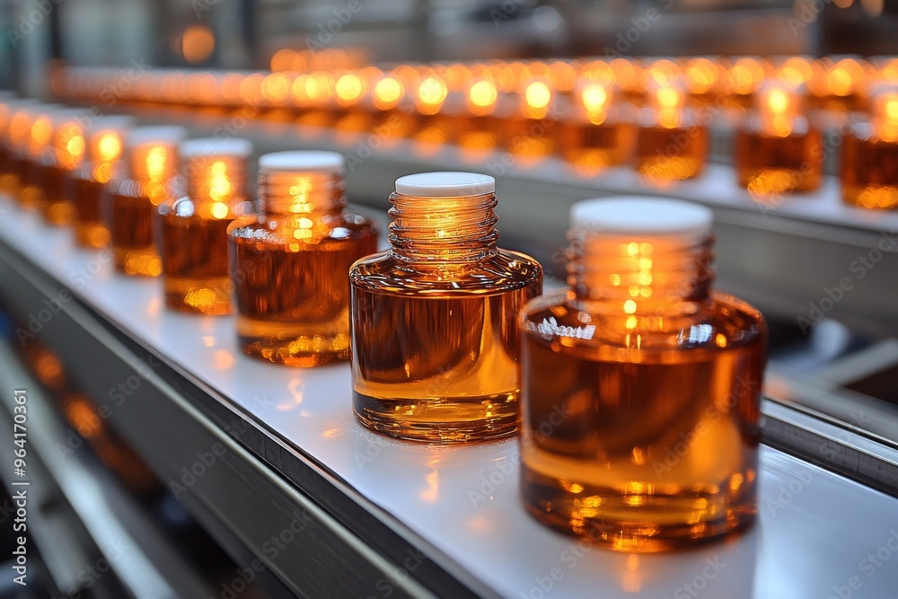 Production line for labeling cosmetics, glass bottles. Generative AI Production line for labeling cosmetics, glass bottles. Generative AI