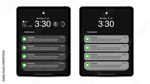 Smart Tablet Computer Notification Screen. Clean UI Design with Dark and Light Mode, Lock, Battery, Weather, and Notifications. Vector Illustration.