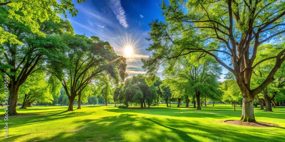 Naklejka premium Vibrant sunny park with lush green lawn and tall trees