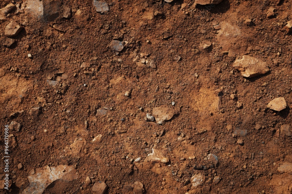 Closeup view of rugged soil surface that is scattered with various rocks and natural debris elements