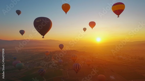 Hot air balloons flying over a valley at sunrise.