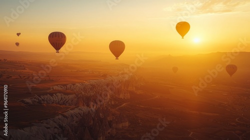 Hot air balloons flying over a valley at sunrise.