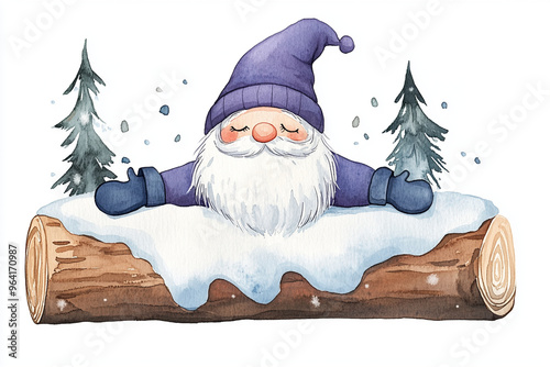 A sleepy winter gnome rests on snow covered log, surrounded by pine trees, evoking cozy and serene atmosphere.