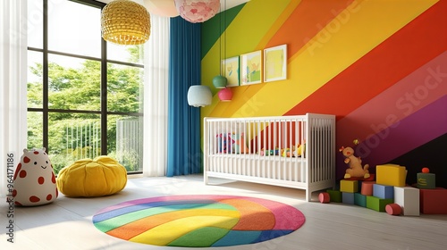 Colorful Bright Baby Room Interior with Vibrant Walls, Cozy Furniture, and Playful Decorations for a Joyful Space new beautiful stock image illustration AI
