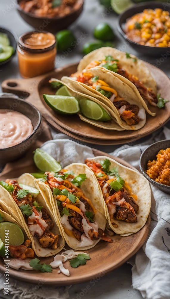 a set of three tacos on a round wooden plate, garnished with fresh cilantro and drizzled with a creamy sauce. Accompanying the tacos are lime wedges and two small bowls containing additional toppings a set of three tacos on a round wooden plate, garnished with fresh cilantro and drizzled with a creamy sauce. Accompanying the tacos are lime wedges and two small bowls containing additional toppings