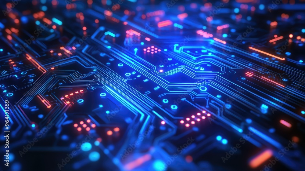 Technological circuit board with glowing lines