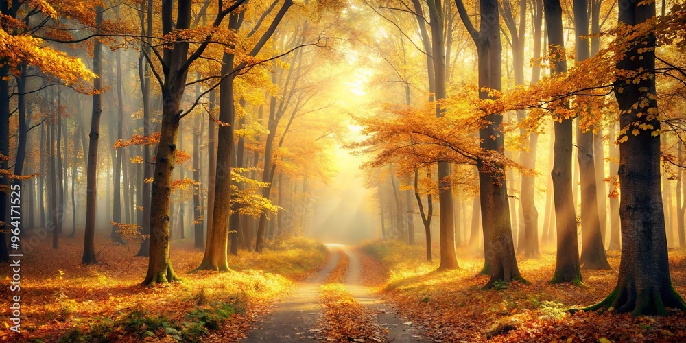 Naklejka premium Enchanting misty forest with golden leaves under soft morning light