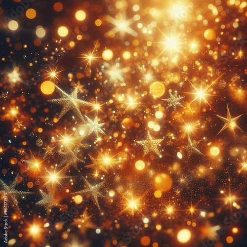 gold Sparkling Lights Festive background with texture. Abstract Christmas twinkled bright bokeh defocused and Falling stars. Winter Card or invitation 