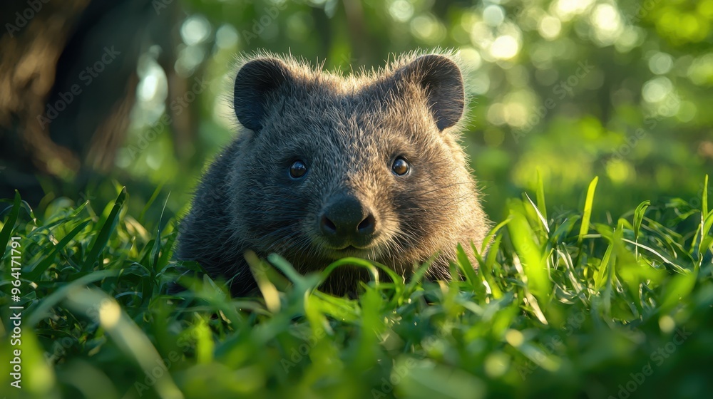 Fototapeta premium Curious Wombat: Detailed Fur and Bright Eyes Close-up in Bushland