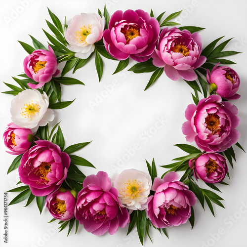 Frame made of beautiful peony flowers on white background, top view