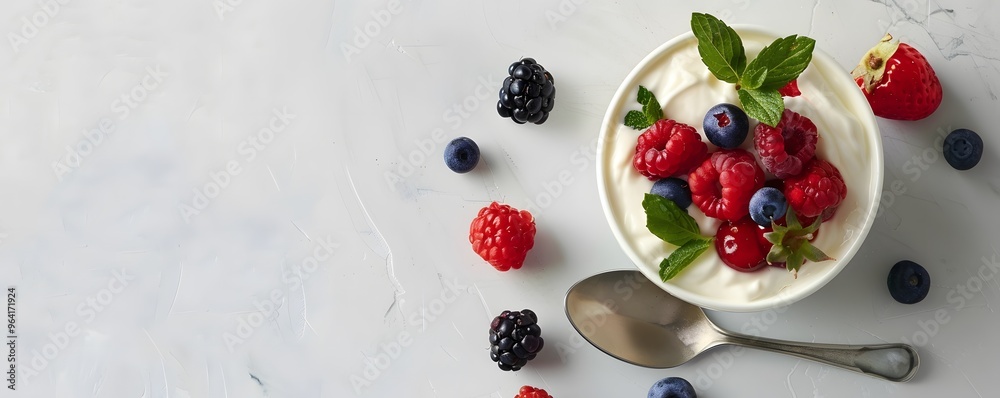 Bowl of Yogurt with Raspberries, Blueberries, and Mint Bowl of Yogurt with Raspberries, Blueberries, and Mint