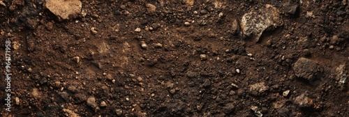 Closeup view of rugged soil surface that is scattered with various rocks and natural debris elements