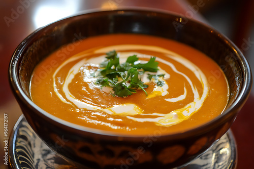 A bowl of creamy orange soup garnished with herbs and a swirl of cream. photo