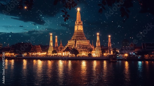 Illuminated temple with glowing lanterns floating in the night sky.