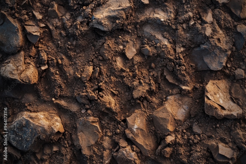 Closeup view of rugged soil surface that is scattered with various rocks and natural debris elements Closeup view of rugged soil surface that is scattered with various rocks and natural debris elements