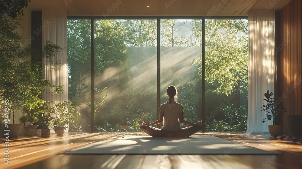 A peaceful room filled with natural light, where a person is practicing deep breathing while listening to calming music