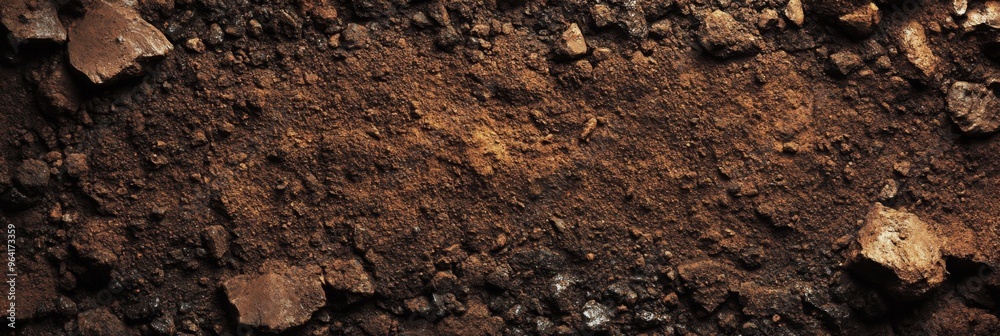 Closeup view of rugged soil surface that is scattered with various rocks and natural debris elements Closeup view of rugged soil surface that is scattered with various rocks and natural debris elements