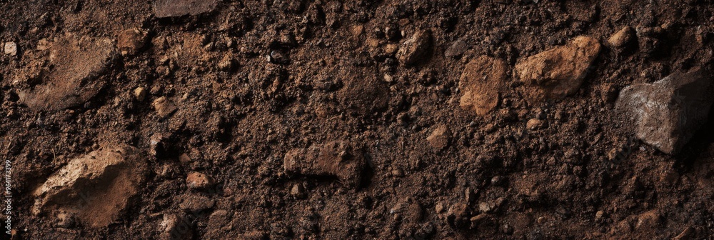 Closeup view of rugged soil surface that is scattered with various rocks and natural debris elements Closeup view of rugged soil surface that is scattered with various rocks and natural debris elements