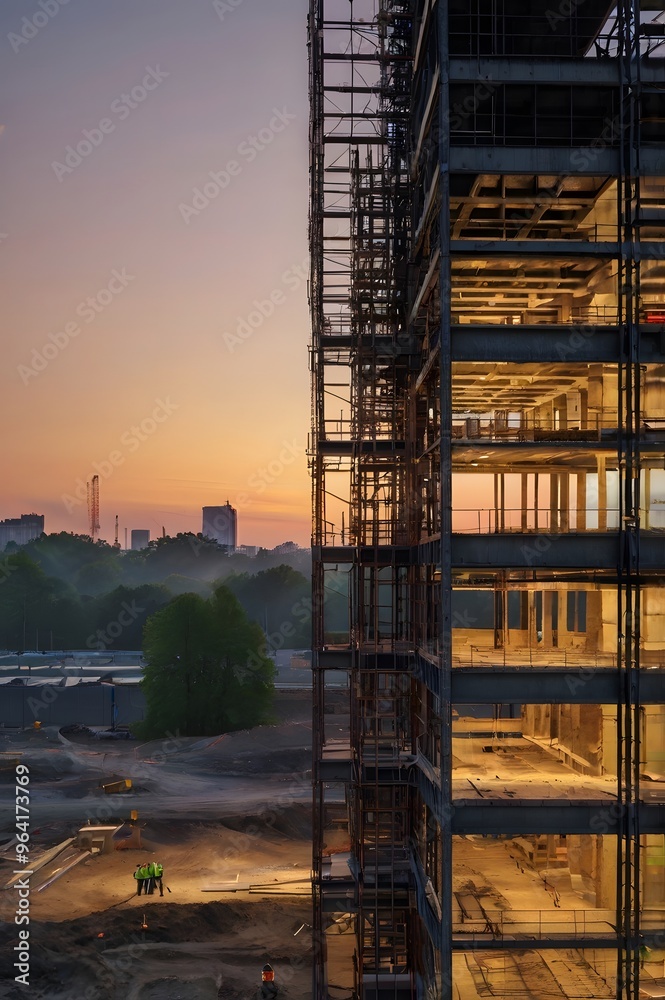 Multiple exposure image of construction site at dawn Multiple exposure image of construction site at dawn