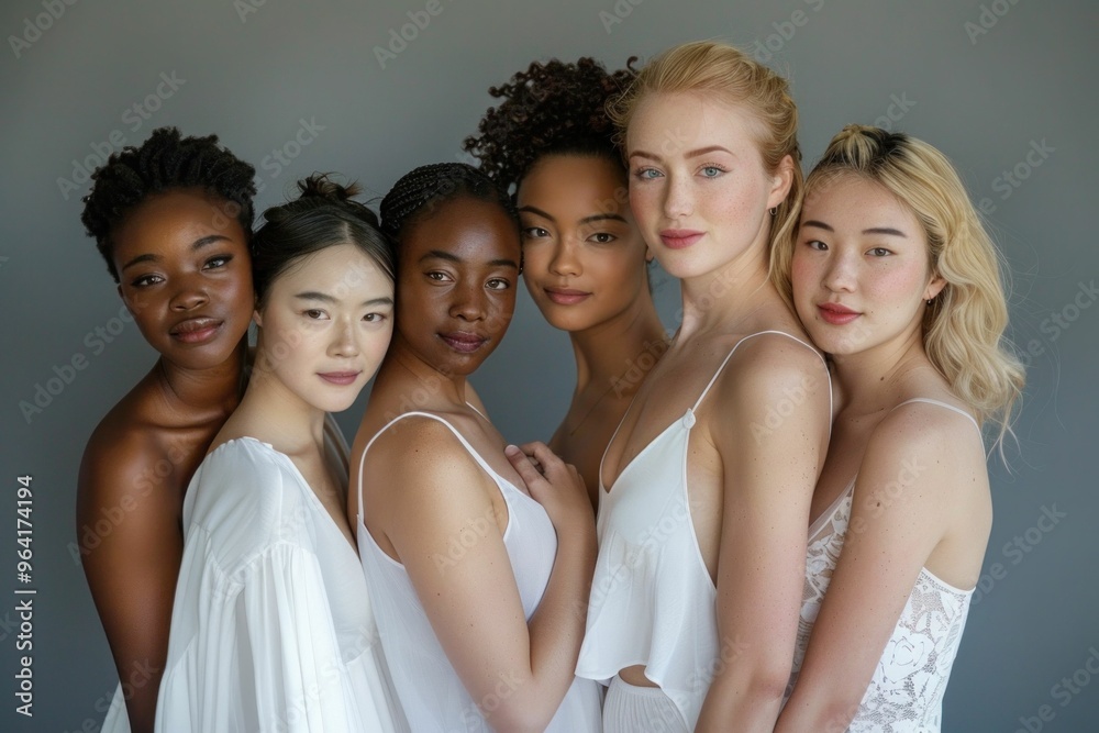Diverse group of women in white outfits standing together against a soft grey background, showcasing beauty and unity among different ethnicities Diverse group of women in white outfits standing together against a soft grey background, showcasing beauty and unity among different ethnicities