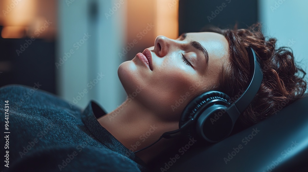 Fototapeta premium A person lying on a therapy couch with headphones on, experiencing music therapy for relaxation