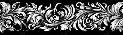 Silver Filigree Floral Design on Black Background, ornate, scrollwork, border