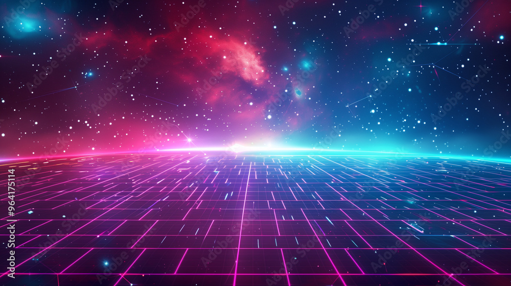 Retro Futurism Pixel Art Background with Glowing Neon Grid and Vintage Arcade Stars - Vector Illustration for Game Assets Retro Futurism Pixel Art Background with Glowing Neon Grid and Vintage Arcade Stars - Vector Illustration for Game Assets