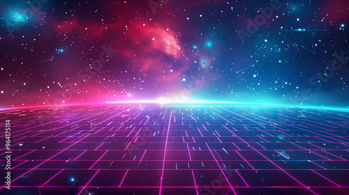 Retro Futurism Pixel Art Background with Glowing Neon Grid and Vintage Arcade Stars - Vector Illustration for Game Assets