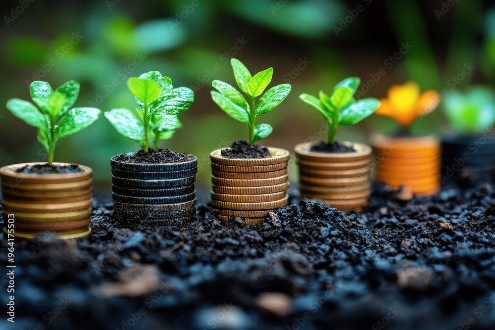 Growth and Prosperity: Five saplings sprout from stacks of coins, symbolizing the potential for financial growth and sustainable prosperity in a natural setting. Growth and Prosperity: Five saplings sprout from stacks of coins, symbolizing the potential for financial growth and sustainable prosperity in a natural setting.