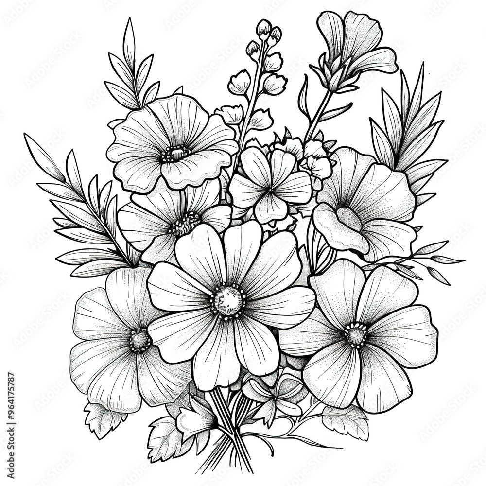 Detailed Black and White Floral Bouquet Sketch of Wildflowers Detailed Black and White Floral Bouquet Sketch of Wildflowers
